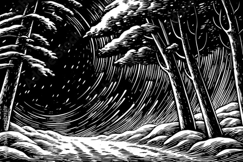 Powerful blizzard winds sweep through dense forest, bending branches and filling the air with swirling snow, creating intense cinematic movement and wilderness drama