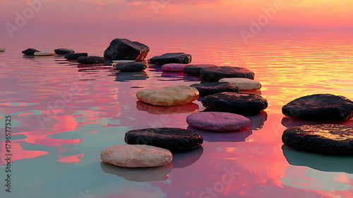 Techno-zen garden of floating metallic stones in soft pink water, gentle ripple reflections, warm dusk glow, concept illustration.