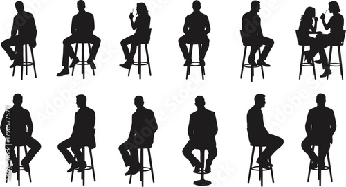 People sitting silhouettes, stool pose vector, social interaction graphic, casual seating icon, body language design, conversation posture illustration