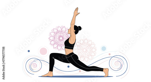 A woman in a yoga pose with her arms raised in a crescent lunge with floral and circular patterns in the background.