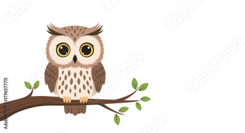 A cute cartoon owl with big eyes sits on a branch with green leaves.