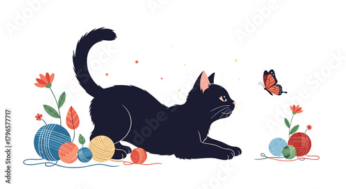 A playful black cat stretches out to chase a butterfly surrounded by colorful yarn balls and small flowers.