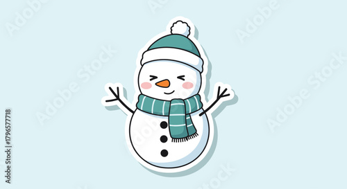 A cute cartoon snowman wearing a scarf and hat with rosy cheeks and outstretched arms.