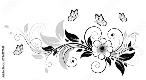 Elegant floral design with swirling branches and delicate butterflies gracefully fluttering around.