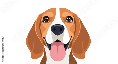 Close up portrait of a happy beagle dog with its tongue out looking directly at the viewer.