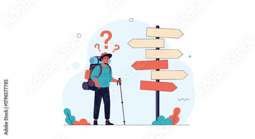 A traveler stands at a crossroads looking confusedly at multiple directional signs pointing in different directions.