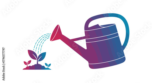 This image depicts a watering can pouring water onto small growing plants in soil.
