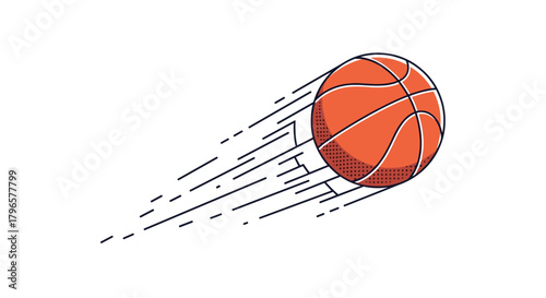 A basketball in mid air with motion lines indicating its fast movement across a white background.
