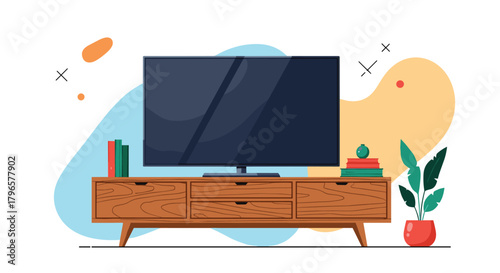 A modern entertainment unit with a large flat screen television and decorative items.