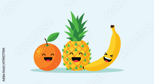 Three happy cartoon fruits smiling together as friends in a row on a light blue background.