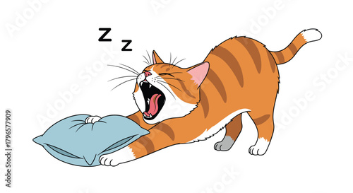 A tired orange tabby cat stretches and yawns while holding a pillow looking ready for a nap.