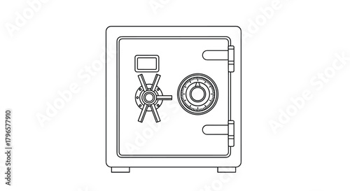 Blueprint illustration of a security safe with a dial lock mechanism and hinges.
