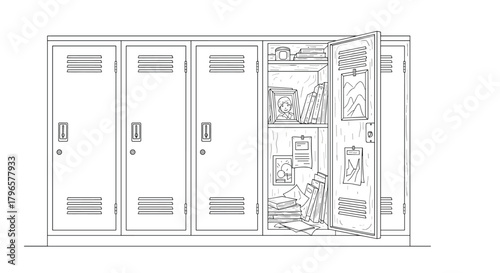 A line of four doors three are simple and white and the last door is intricate and detailed.