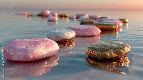 Techno-zen garden of floating metallic stones in soft pink water, gentle ripple reflections, warm dusk glow, concept illustration.