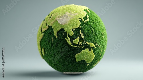 A globe representing Earth, covered in grass, with continents visible in light green