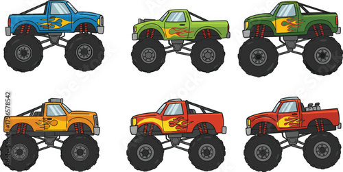 Monster trucks, colorful vehicles, flame decals, oversized tires, lifted suspension, kids toy, racing, off-road, vibrant design, fun, adventure, speed, power, automotive, collection, playful,