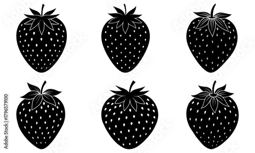 Six monochrome strawberries arranged in two rows with detailed leaf structures and seed patterns design