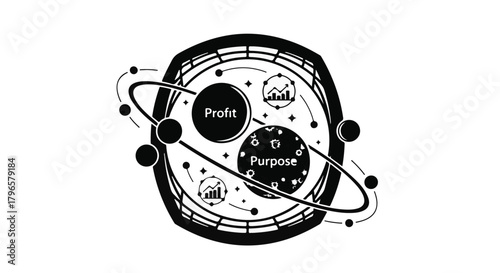 Abstract representation of business goals, profit, and purpose orbiting a central core.