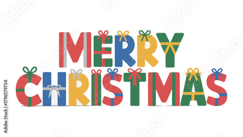 Merry Christmas Greetings: A vibrant festive display of Merry Christmas typography adorned with colorful gift box embellishments. An enchanting image to celebrate the season.