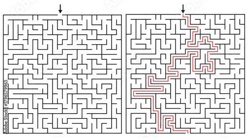 24 by 24 Orthogonal Rectangular Maze Game for Adults - Simple and Easy Maze Game Flat Vector Black and White Outline Illustration - Problem Solving Game kdp.