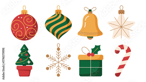 Festive Ornaments: A vibrant collection of Christmas ornaments, including a star, a bell, a present, a candy cane, a christmas tree and globe decorations, ready to bring holiday cheer.