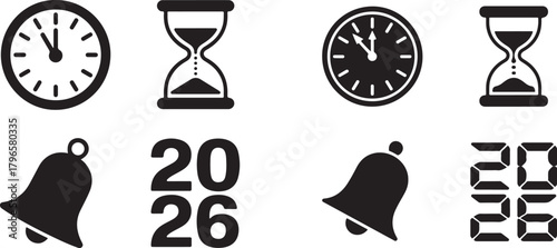 Black clocks hourglasses bells and numbers time