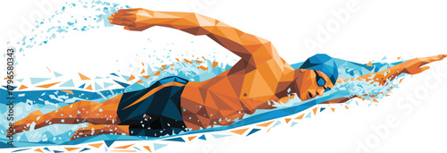Polygonal Swimmer Vector, Freestyle Stroke Illustration, Blue Water Splash Design, Athletic Motion Art, Sports Character, Dynamic Swimming Pose
