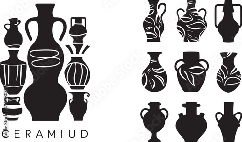 Black pottery vases with decorative patterns amphora