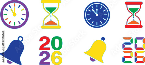 Colorful clocks hourglasses bells and numbers vector