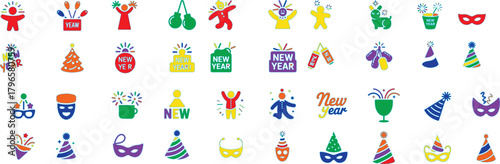 Festive celebration icons with people and party elements