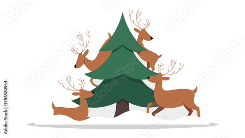 Reindeer and Christmas Tree: An illustration of reindeer gathering around a decorated Christmas tree in celebration of the festive season.