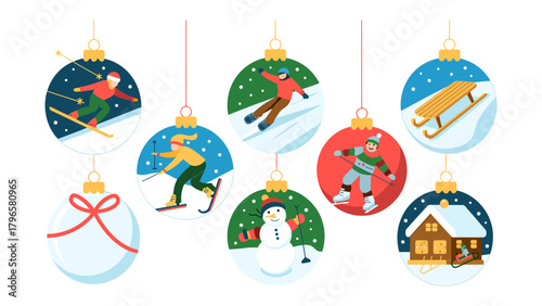 Festive Ornaments of Winter Activities: Festive ornaments showcase diverse winter activities, creating a whimsical scene with skiing, snowboarding, sledding, and the jovial snowman.
