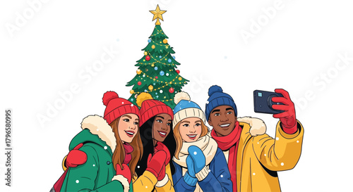 Group of friends in winter clothes taking a selfie in front of a Christmas tree, 2D vector