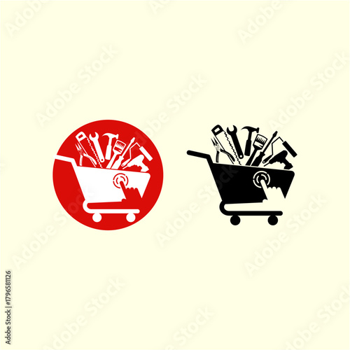 Touchscreen shopping cart icon logo, construction tools vector