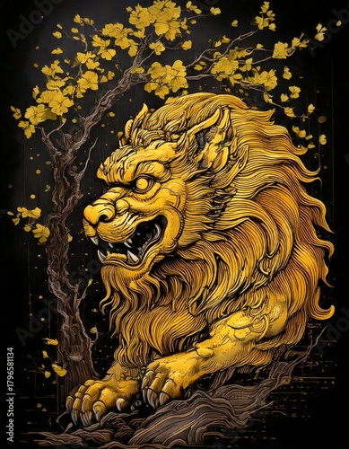 Majestic Golden Lion Guardian Surrounded by Elegant Yellow Flowers Against Dark Background