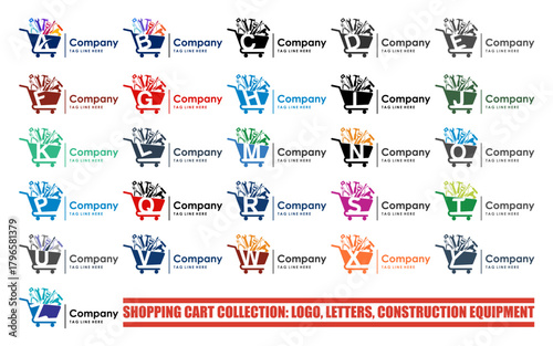 Shopping Cart Letter Logo Collection, Construction Tools Vector Template