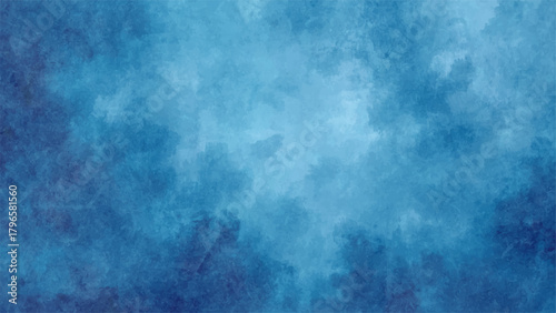 Abstract Deep Sapphire & Light Blue Watercolor Texture Background with Cloud Washes, Subtle Glow. Moody Submerged, Calm Sky, or Elegant Corporate Backdrop.