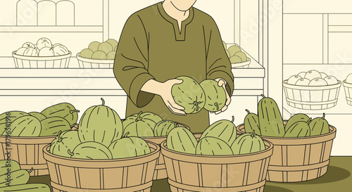 Fresh Produce Display: A Fruit Seller Showcasing Melons and Farm-Fresh Goods for Sale