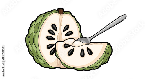 Freshly Sliced Custard Apple Revealing Edible Creamy Pulp with a Silver Spoon