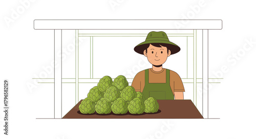 Fresh Produce Vendor Standing Behind A Table Displaying Green Artichoke Vegetables