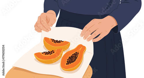 Freshly Sliced Papaya Fruit Arranged on a White Paper Held by Human Hands