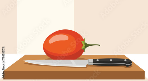 Fresh Tomato Sits Besides Knife on Chopping Board Ready to Be Prepared for Culinary Delights
