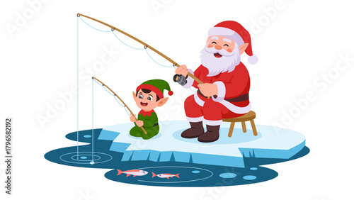 Santa and Elf Fishing: Santa Claus and his elf companion engage in a joyful fishing experience on a serene ice floe, creating a heartwarming scene of festive leisure.