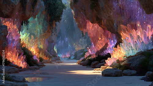 Underground luminous cave network, glowing crystals lining natural rock, deep shadows juxtaposed with colorful glow, fantasy illustration.