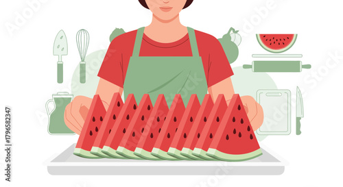 Freshly Sliced Watermelon on a Tray with Kitchen Utensils and a Smiling Person