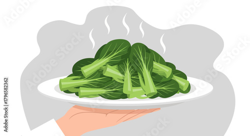 Freshly Steamed Bok Choy Served on a Plate, Presented on a Hand on Black Background