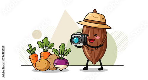 Friendly Almond Person Capturing Vegetable Photos With a Camera, Cute Design