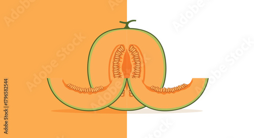 Freshly Cut Cantaloupe on Two-Tone Background with Sliced Pieces Vector Illustration