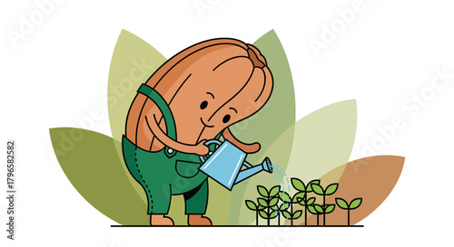 Friendly Cartoon Gardener Watering Young Plants with a Cheerful Expression