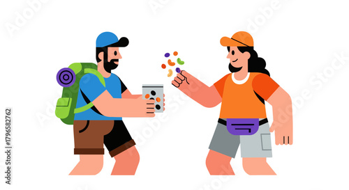 Friendly Hikers Exchanging Snacks During Adventure in Minimalist Delightful Illustration
